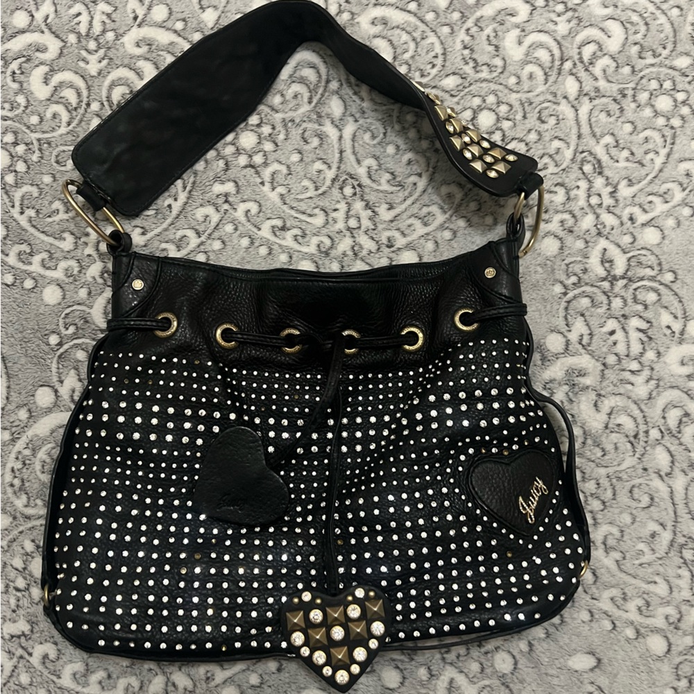 Juicy Couture Black Studded Shoulder Bag Vintage Crystals Bling Leather Studded